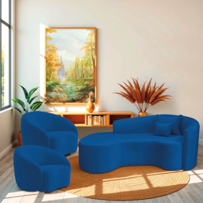 Kit Recamier Curvo Sala de Estar Inglaterra 200cm Lado Esquerdo e 2 Poltronas Orgânica Luxo Amore Linho Azul Royal