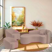 Kit Recamier Curvo Sala de Estar Inglaterra 200cm Lado Esquerdo e 2 Poltronas Orgânica Luxo Amore Linho Rose