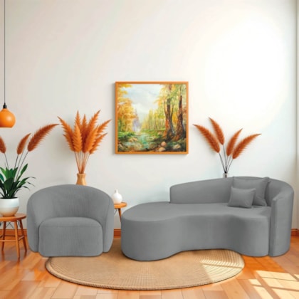 Kit Recamier Curvo Sala de Estar Inglaterra 200cm Lado Esquerdo Poltrona Orgânica Luxo Amore Bouclé Cinza