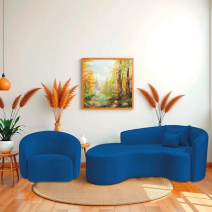 Kit Recamier Curvo Sala de Estar Inglaterra 200cm Lado Esquerdo Poltrona Orgânica Luxo Amore Linho Azul Royal