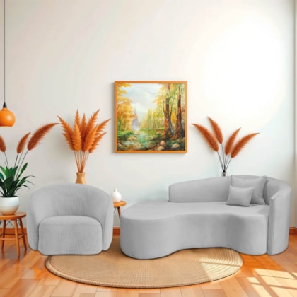Kit Recamier Curvo Sala de Estar Inglaterra 200cm Lado Esquerdo Poltrona Orgânica Luxo Amore Linho Cinza Claro