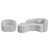 Kit Recamier Curvo Sala de Estar Inglaterra 200cm Lado Esquerdo Poltrona Orgânica Luxo Amore Linho Cinza Claro