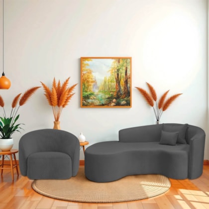 Kit Recamier Curvo Sala de Estar Inglaterra 200cm Lado Esquerdo Poltrona Orgânica Luxo Amore Linho Cinza Escuro