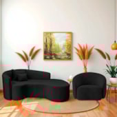 Kit Recamier Curvo Sala de Estar Inglaterra 200cm Lado Esquerdo Poltrona Orgânica Luxo Amore Linho Preto