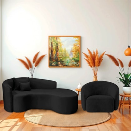 Kit Recamier Curvo Sala de Estar Inglaterra 200cm Lado Esquerdo Poltrona Orgânica Luxo Amore Linho Preto