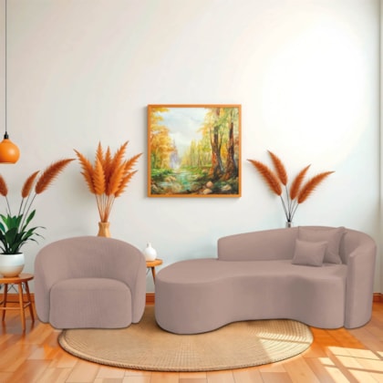 Kit Recamier Curvo Sala de Estar Inglaterra 200cm Lado Esquerdo Poltrona Orgânica Luxo Amore Linho Rose
