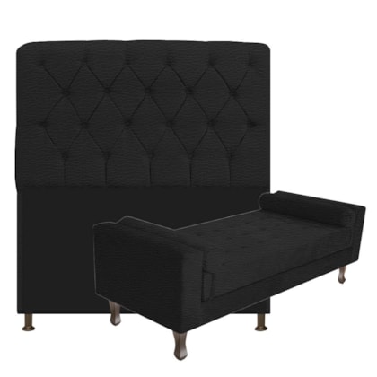 Kit Recamier Sofá Calçadeira Divã Félix 140 cm e Cabeceira Estofada Lady 140 cm Para Cama Box Casal Corano Preto - AM Decor