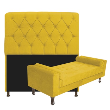 Kit Recamier Sofá Calçadeira Divã Félix 140 cm e Cabeceira Estofada Lady 140 cm Para Cama Box Casal Suede Amarelo - AM Decor