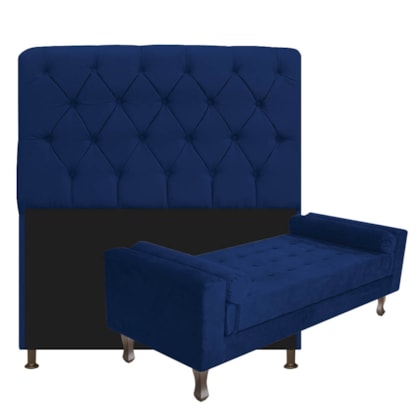 Kit Recamier Sofá Calçadeira Divã Félix 140 cm e Cabeceira Estofada Lady 140 cm Para Cama Box Casal Suede Azul Marinho - AM Decor
