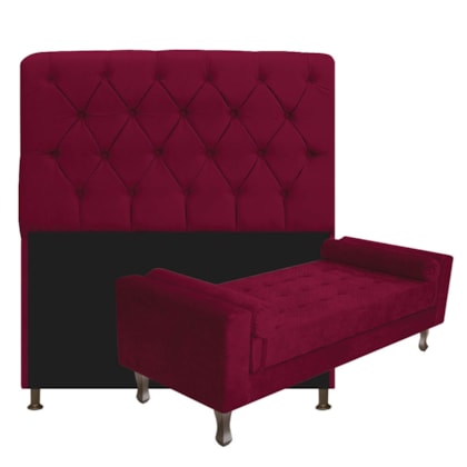 Kit Recamier Sofá Calçadeira Divã Félix 140 cm e Cabeceira Estofada Lady 140 cm Para Cama Box Casal Suede  Bordô - AM Decor