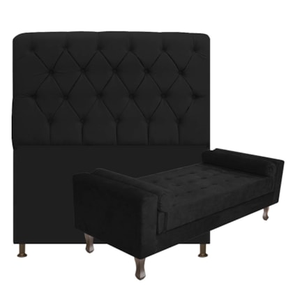 Kit Recamier Sofá Calçadeira Divã Félix 140 cm e Cabeceira Estofada Lady 140 cm Para Cama Box Casal Suede Preto - AM Decor