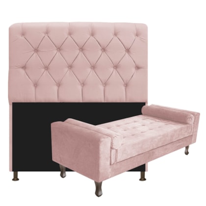 Kit Recamier Sofá Calçadeira Divã Félix 140 cm e Cabeceira Estofada Lady 140 cm Para Cama Box Casal Suede Rosê - AM Decor