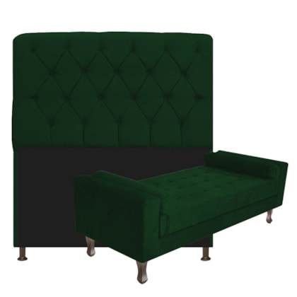 Kit Recamier Sofá Calçadeira Divã Félix 140 cm e Cabeceira Estofada Lady 140 cm Para Cama Box Casal Suede Verde - AM Decor