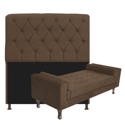 Kit Recamier Sofá Calçadeira Divã Félix 160 cm e Cabeceira Estofada Lady 160 cm Para Cama Box Queen Size  Suede Marrom - AM Decor