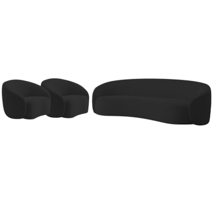 Kit Sofá 3 Lugares 180cm e 2 Poltronas Orgânica Luxo Recepção Amore Linho Preto - Amarena Móveis