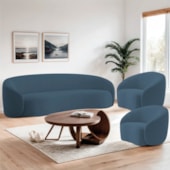 Kit Sofá 3 Lugares 200cm e 2 Poltronas Orgânica Luxo Recepção Amore Linho Azul Royal