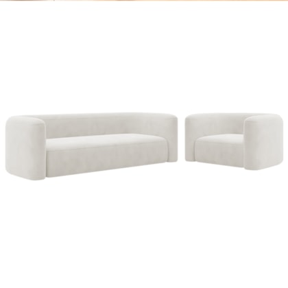 Kit Sofá 3 Lugares 200cm e Poltrona Orgânica Luxo Recepção Melina Bouclé Branco - - Amarena Moveis