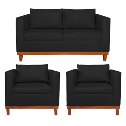 Kit Sofá 3 Lugares e 2 Poltronas Europa 180 cm Estilo Conforto e Elegância Corano Preto - Amarena Móveis