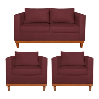 Kit Sofá 3 Lugares e 2 Poltronas Europa 180 cm Estilo Conforto e Elegância Suede Bordô - Amarena Móveis