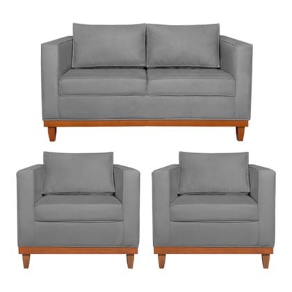 Kit Sofá 3 Lugares e 2 Poltronas Europa 180 cm Estilo Conforto e Elegância Suede Cinza - Amarena Móveis