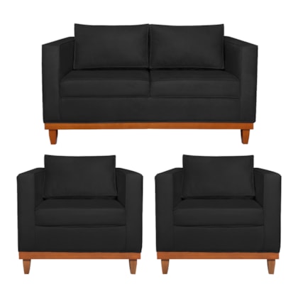 Kit Sofá 3 Lugares e 2 Poltronas Europa 180 cm Estilo Conforto e Elegância Suede Preto - Amarena Móveis