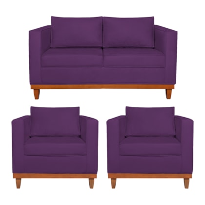 Kit Sofá 3 Lugares e 2 Poltronas Europa 180 cm Estilo Conforto e Elegância Suede Roxo - Amarena Móveis