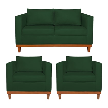 Kit Sofá 3 Lugares e 2 Poltronas Europa 180 cm Estilo Conforto e Elegância Suede Verde - Amarena Móveis