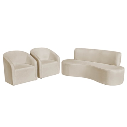 Kit Sofá Curvo Amsterdã 140cm e 2 Poltronas Luiza Max Bouclé Bege