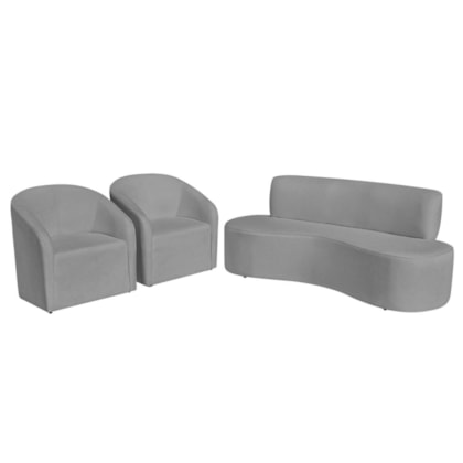 Kit Sofá Curvo Amsterdã 140cm e 2 Poltronas Luiza Max Bouclé Cinza