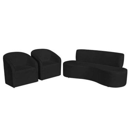 Kit Sofá Curvo Amsterdã 140cm e 2 Poltronas Luiza Max Bouclé Preto