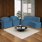 Kit Sofá Curvo Amsterdã 140cm e 2 Poltronas Luiza Max Linho Azul Royal