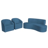 Kit Sofá Curvo Amsterdã 140cm e 2 Poltronas Luiza Max Linho Azul Royal
