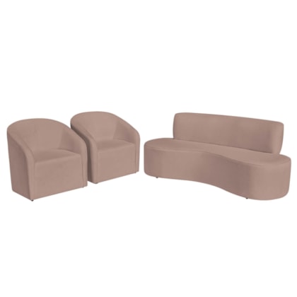 Kit Sofá Curvo Amsterdã 140cm e 2 Poltronas Luiza Max Linho Rose