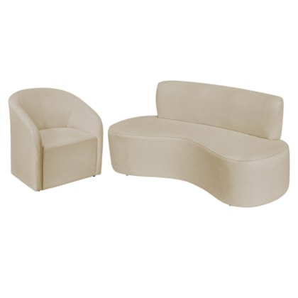 Kit Sofá Curvo Amsterdã 140cm e 2 Poltronas Luiza Max Suede Bege