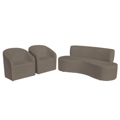 Kit Sofá Curvo Amsterdã 140cm e 2 Poltronas Luiza Max Suede Marrom