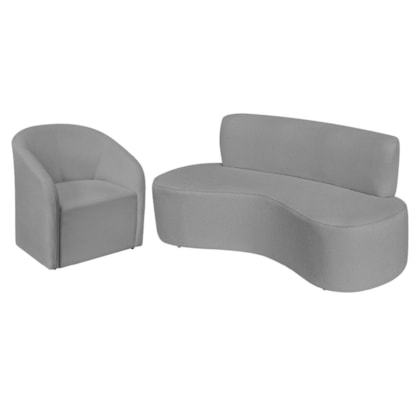 Kit Sofá Curvo Amsterdã 140cm e Poltrona Luiza Max Bouclé Cinza