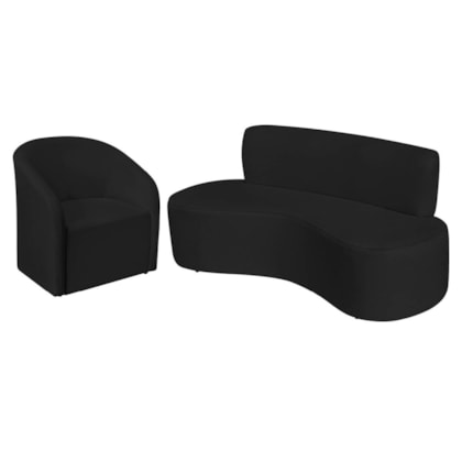 Kit Sofá Curvo Amsterdã 140cm e Poltrona Luiza Max Bouclé Preto