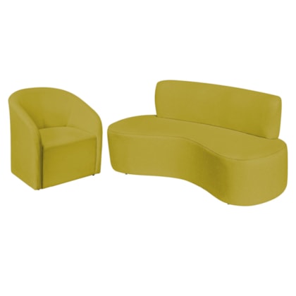 Kit Sofá Curvo Amsterdã 140cm e Poltrona Luiza Max Suede Amarelo