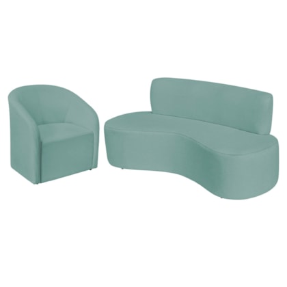 Kit Sofá Curvo Amsterdã 140cm e Poltrona Luiza Max Suede Azul Tiffany