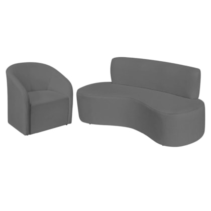 Kit Sofá Curvo Amsterdã 140cm e Poltrona Luiza Max Suede Cinza Escuro