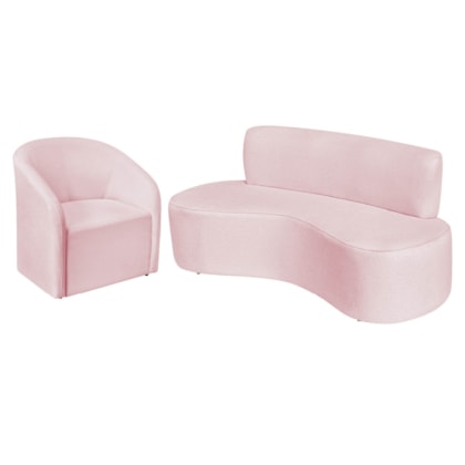 Kit Sofá Curvo Amsterdã 140cm e Poltrona Luiza Max Suede Rosa Bebê