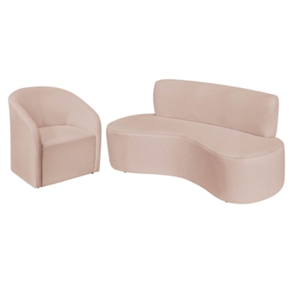 Kit Sofá Curvo Amsterdã 140cm e Poltrona Luiza Max Suede Rosê