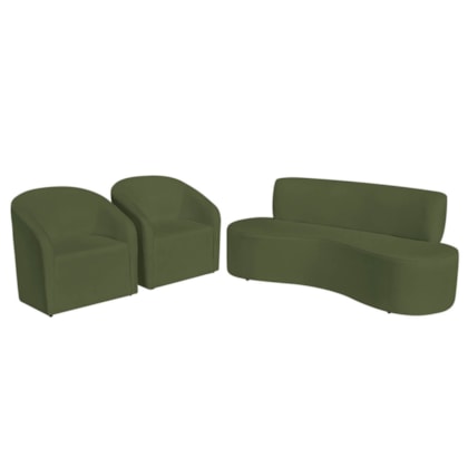 Kit Sofá Curvo Amsterdã 160cm e 2 Poltronas Luiza Max Linho Verde
