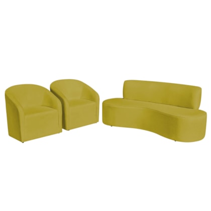 Kit Sofá Curvo Amsterdã 160cm e 2 Poltronas Luiza Max Suede Amarelo