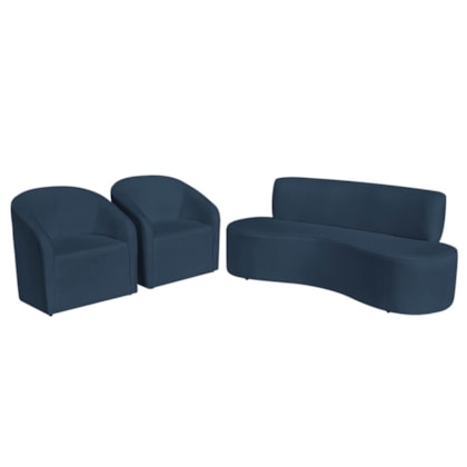 Kit Sofá Curvo Amsterdã 160cm e 2 Poltronas Luiza Max Suede Azul Marinho