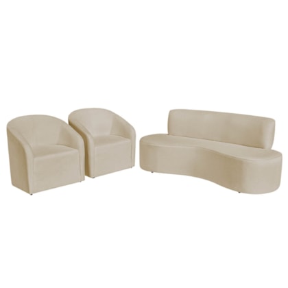 Kit Sofá Curvo Amsterdã 160cm e 2 Poltronas Luiza Max Suede Bege
