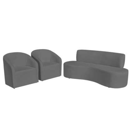 Kit Sofá Curvo Amsterdã 160cm e 2 Poltronas Luiza Max Suede Cinza Escuro