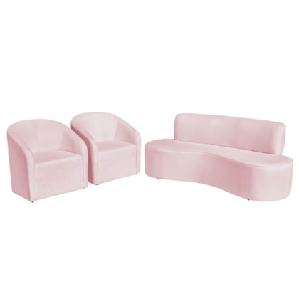 Kit Sofá Curvo Amsterdã 160cm e 2 Poltronas Luiza Max Suede Rosa Bebê