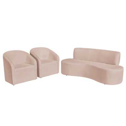Kit Sofá Curvo Amsterdã 160cm e 2 Poltronas Luiza Max Suede Rose