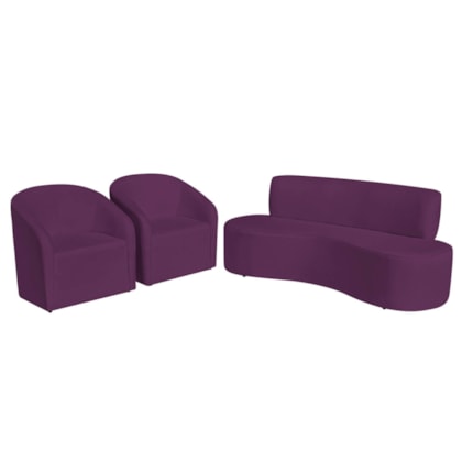 Kit Sofá Curvo Amsterdã 160cm e 2 Poltronas Luiza Max Suede Roxo